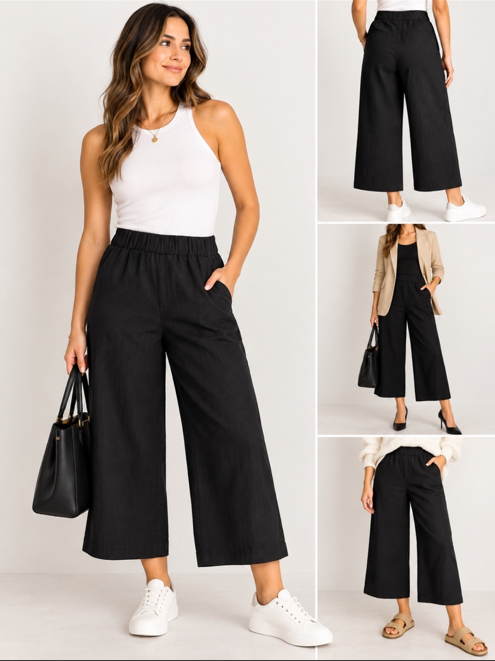 H&M Black Wide-Leg Cropped Pants with Elastic Waist